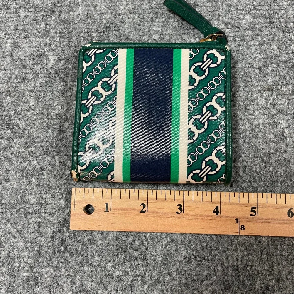 Tory Burch Gemini Link Bifold Wallet Womens Small Green Navy Striped Leather